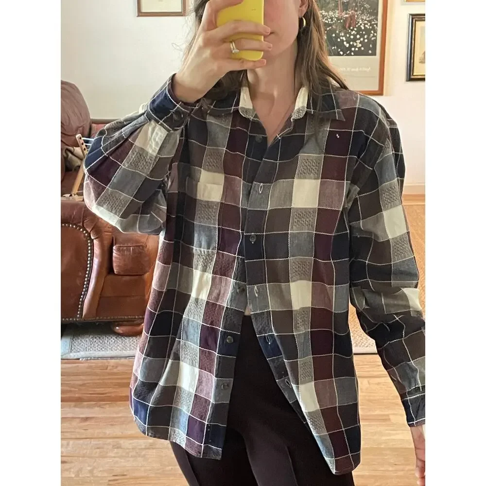 Vintage Checked Plaid Button Down Navy Purple Olive - Picture 2 of 5